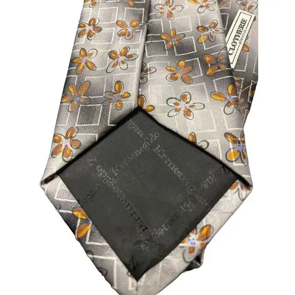 Ermenegildo Zegna Floral Silk‎ Tie Gray Orange Geometric Pattern Elegant Z-116